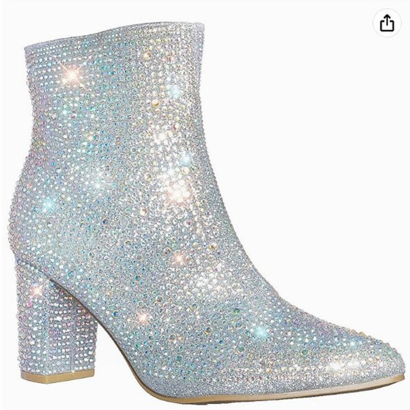 New Women Silver Rhinestone Blingy Pointed Toe Ankle Boots Booties - Picture 4 of 9